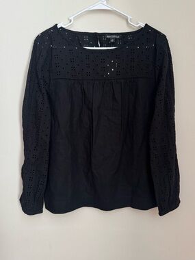 NWT J.Crew Mercantile Linen Blend Eyelet Blouse Black Long Sleeve Size Medium